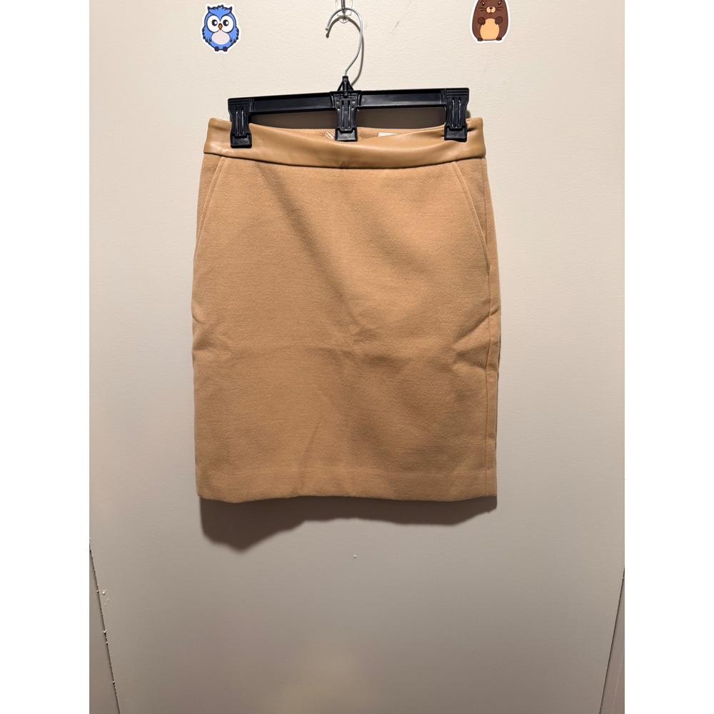 Cabi Beige Camel Midi Pencil Skirt Faux‎ Leather Trim Size 0 Style 8008